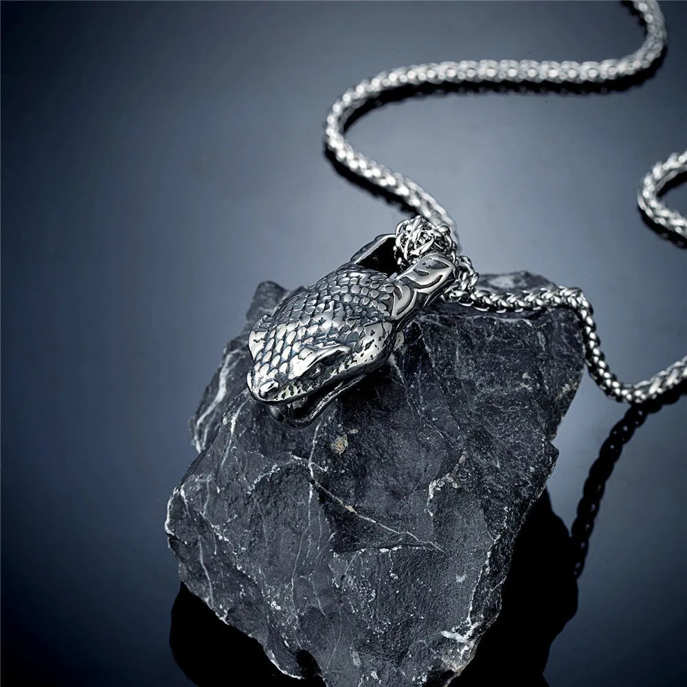 Retro geometric snake head pendant necklace for men on a leather chain