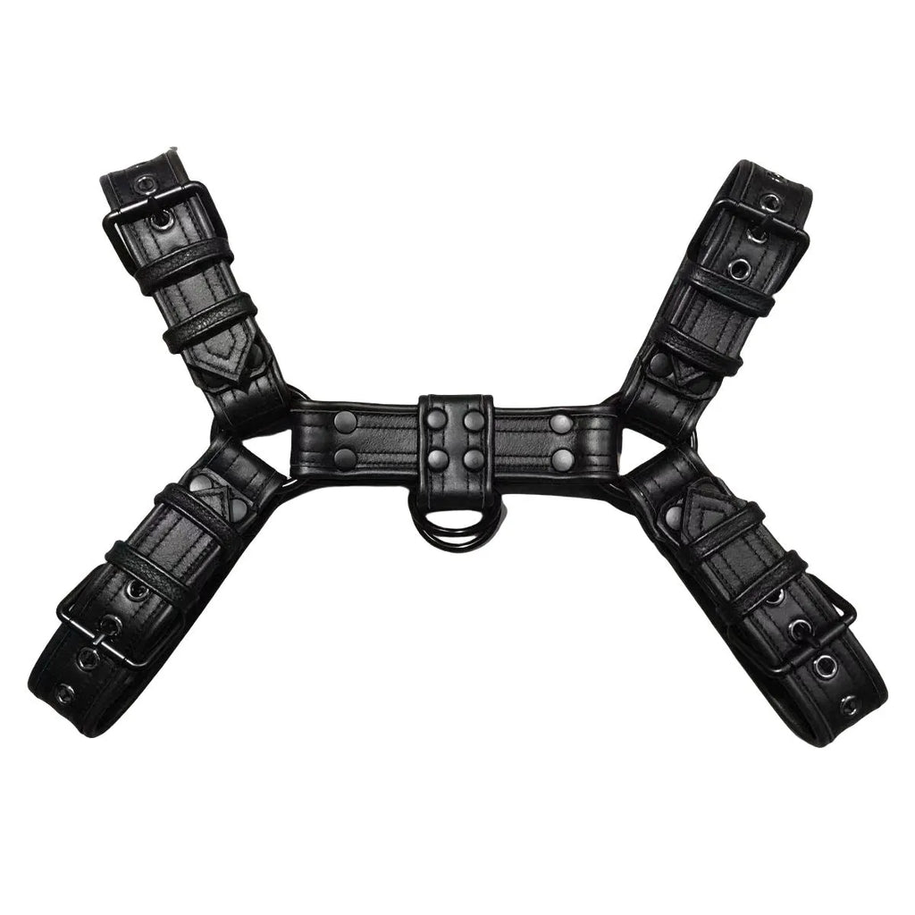Black leather chest muscle bondage strap with metal buckle fastening system
