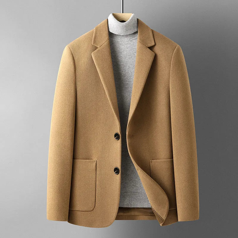 Men's slim-fit wool blend suit jacket in grey on a hanger