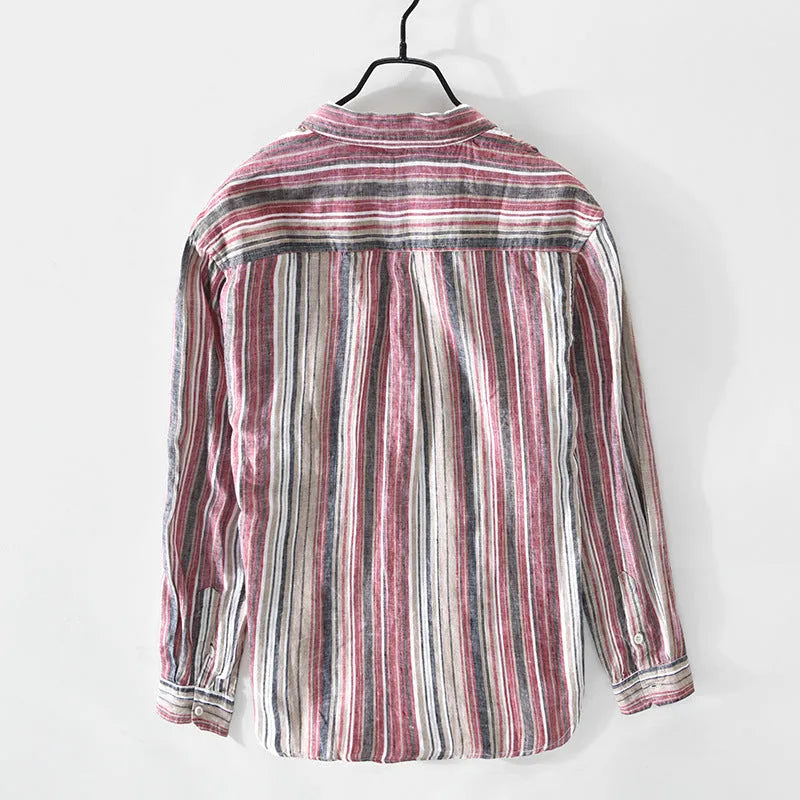 A man wearing a red and grey striped linen casual shirt with long sleeves and a loose fit.