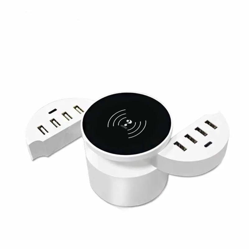 Ceramic white circular wireless charger with multiple ports, adapters for EU UK US outlets, and 1.5 metre cable