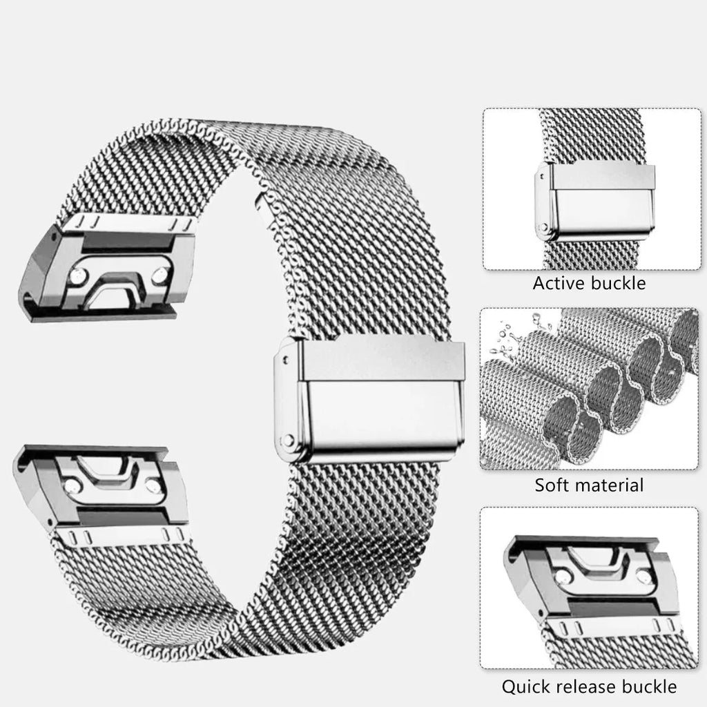 Stainless steel metal replacement strap for Garmin Fenix smartwatch in silver, black, gold, and rose gold.