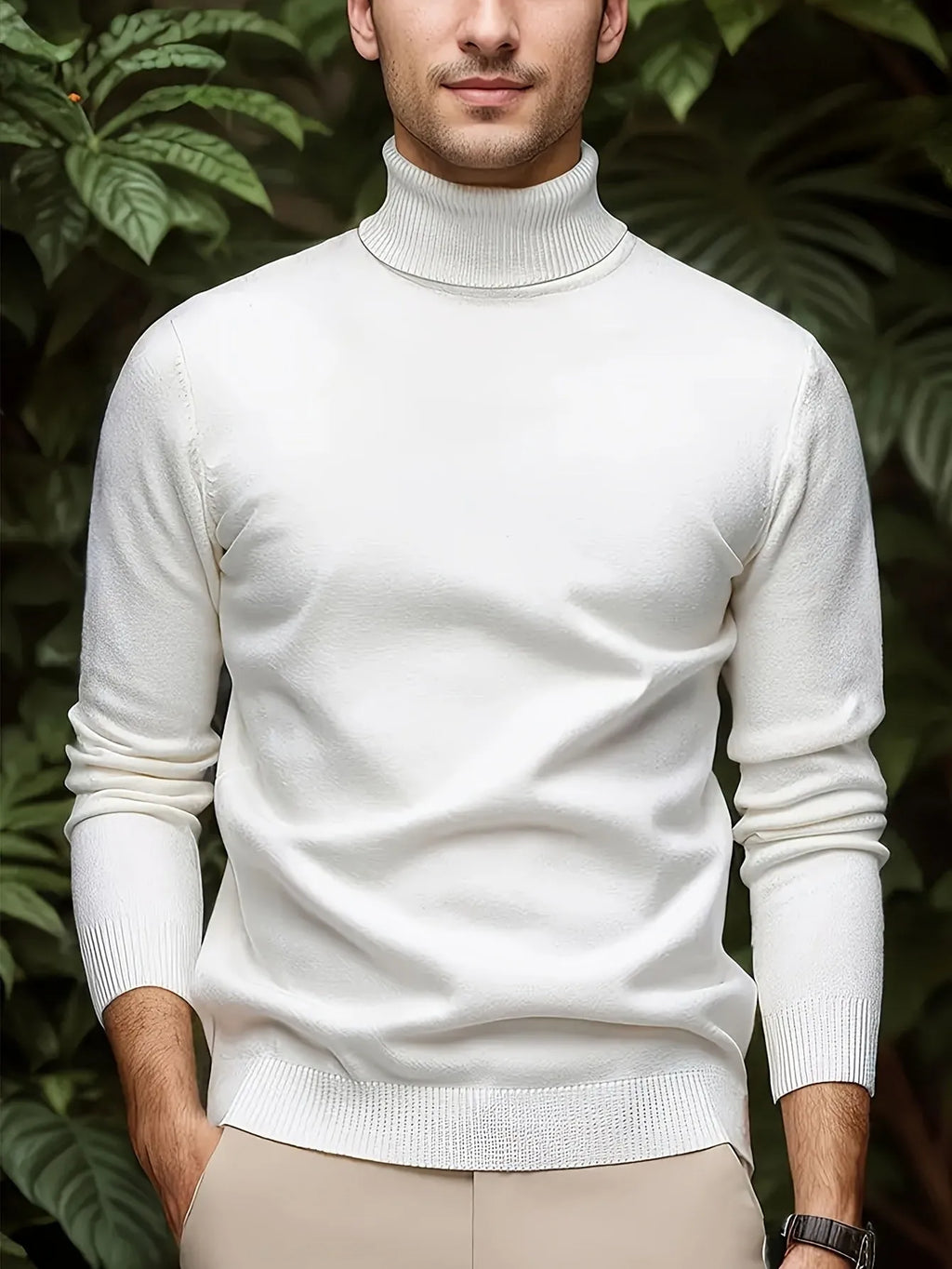 Men's solid color turtleneck sweater in chenille and spandex fabric, available in black, burgundy, coffee, khaki, military blue, sky blue, and white.
