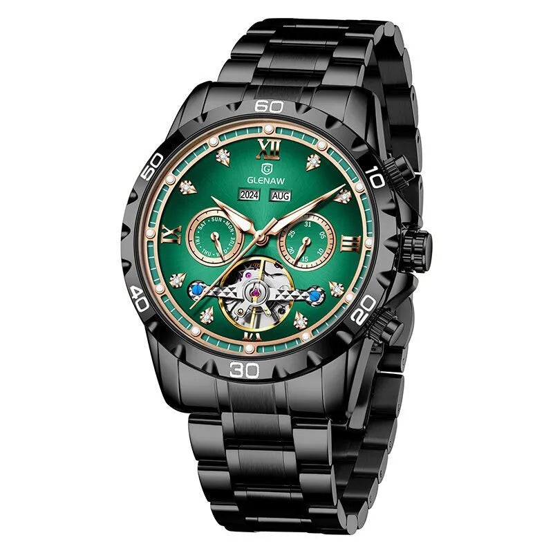 Men's automatic mechanical watch with stainless steel strap and mineral glass in grey, gold, blue or green dial options