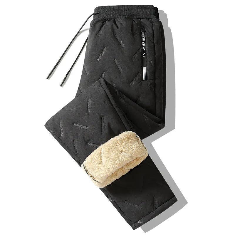 Men's winter fleece sweatpants in black straight-leg style with thick lambswool lining and elastic fabric