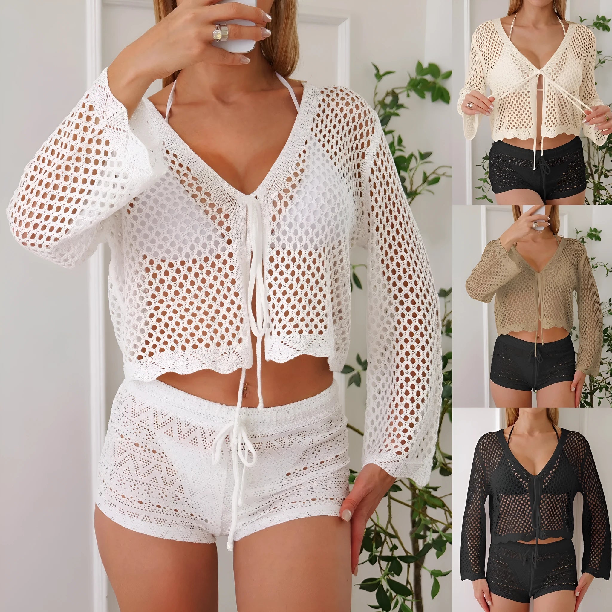 Short apricot hollow woven cardigan blouse with bell sleeves on a hanger.