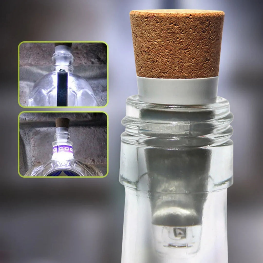 White plastic rechargeable LED bottle cap light with 15 beads, shown on a wine bottle for holiday decor.