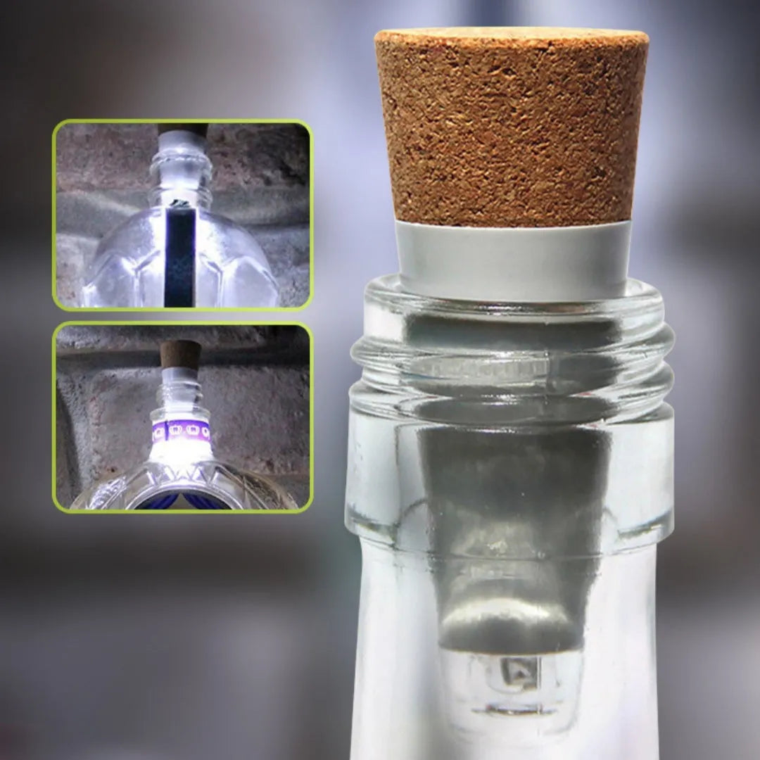White plastic rechargeable LED bottle cap light with 15 beads, shown on a wine bottle for holiday decor.