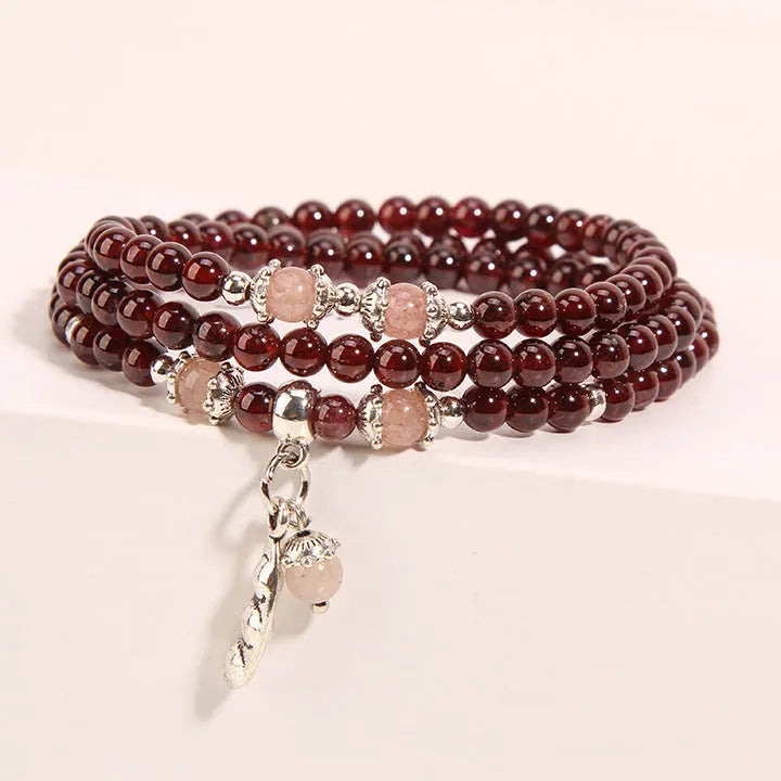 Wine red garnet crystal bracelet with flower design in bohemian style