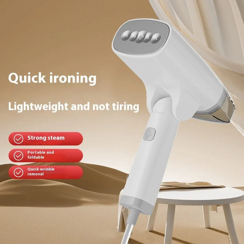 Blue handheld garment steamer with water tank and mechanical controls for clothing care