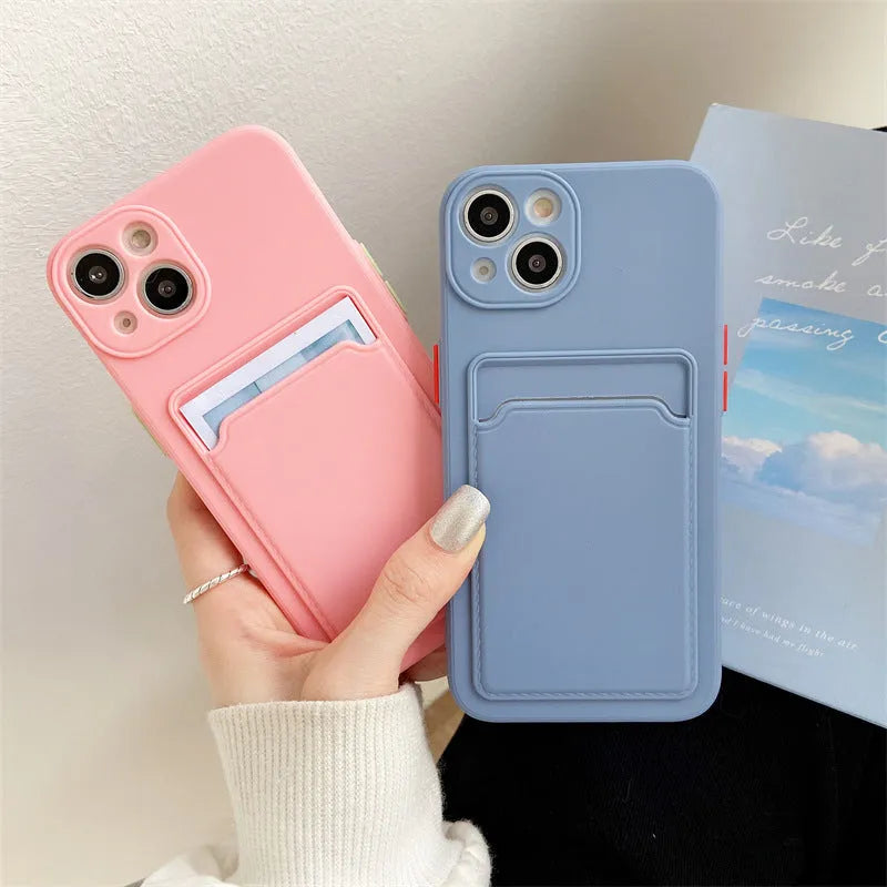 Sky blue silicone iPhone case with card slot for iPhone 13 14 15 16 series models