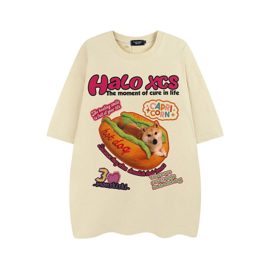 Cartoon hamburger dog print on a short-sleeved, loose-fit cotton T-shirt in white.