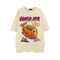 Cartoon hamburger dog print on a short-sleeved, loose-fit cotton T-shirt in white.