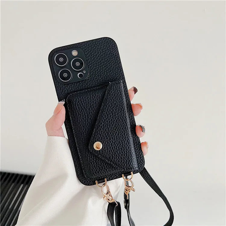 Lychee pattern envelope card holder phone case with long rope in black showing diagonal card slot and lychee texture