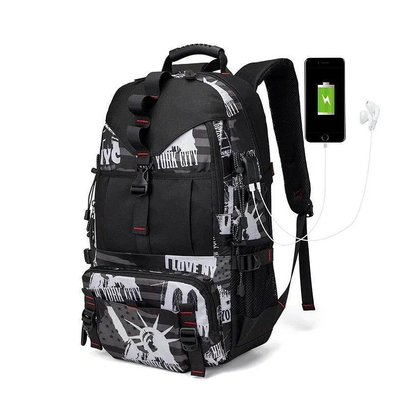 Men's large waterproof Oxford cloth hiking backpack in camouflage colour with chest bag.
