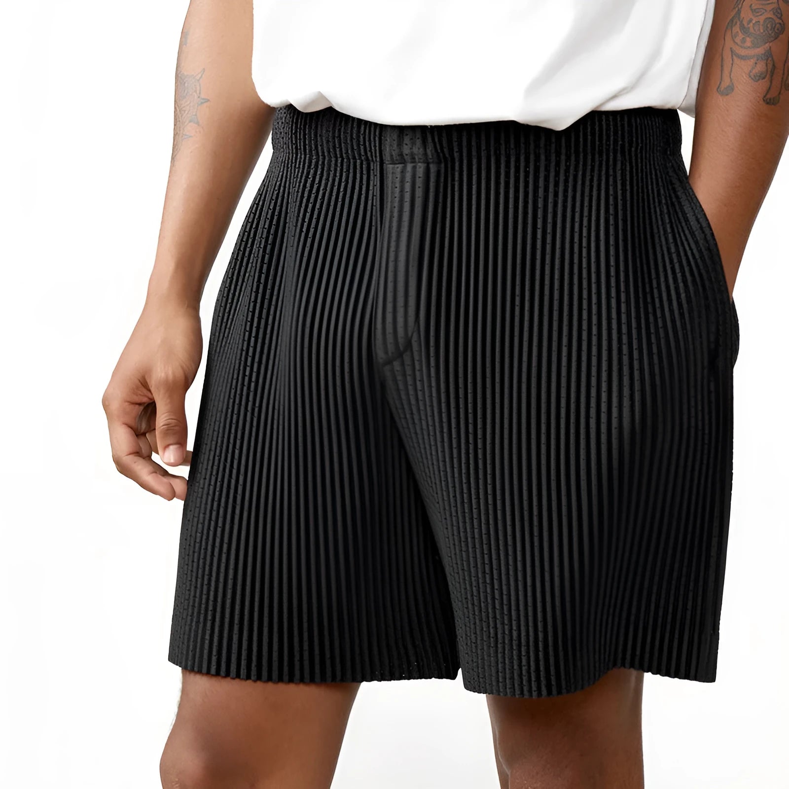 Draping effect elastic waist tie hole mesh casual pleated shorts in black
