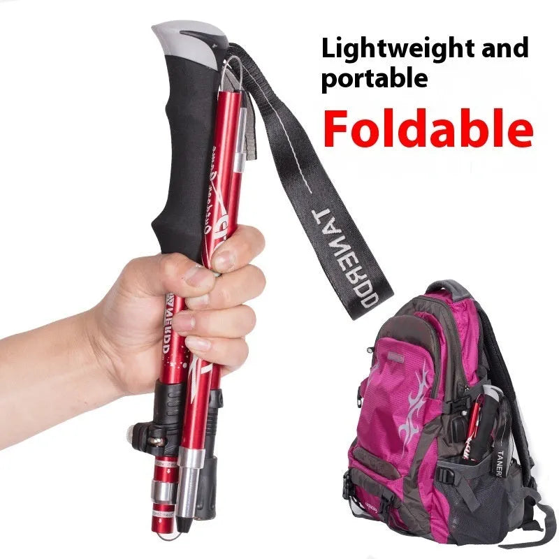 Aluminium alloy telescopic hiking alpenstock with adjustable length 30-130cm, black and red options, foldable design