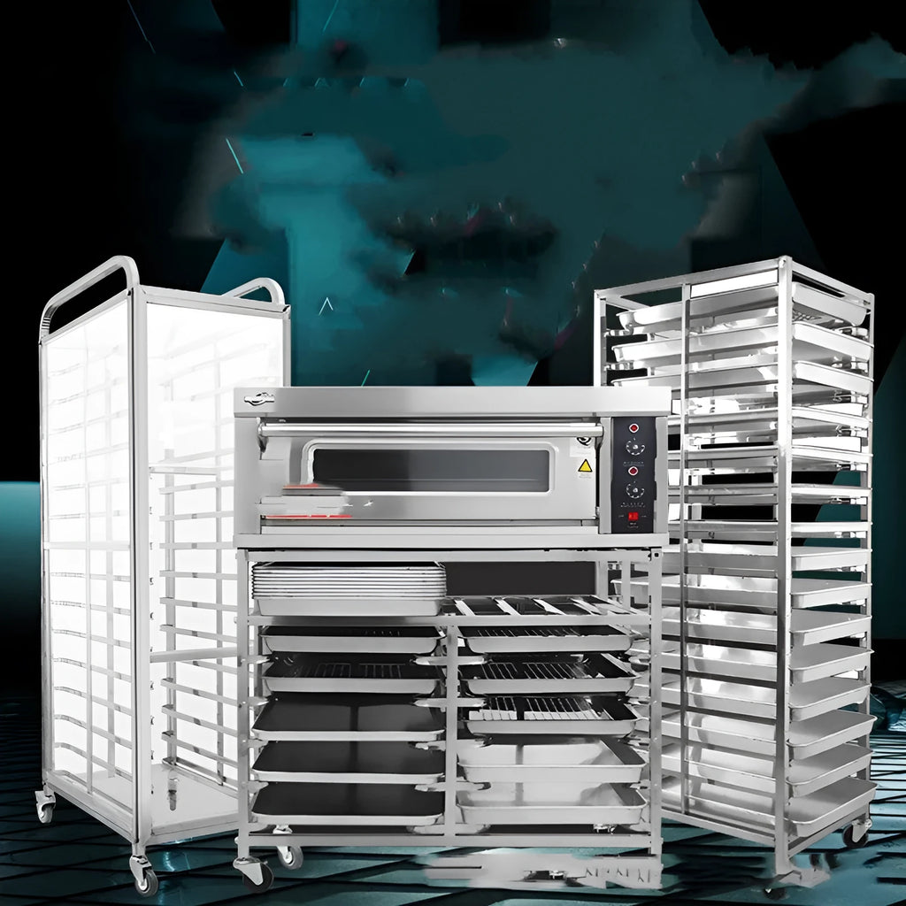 Six-tier stainless steel baking tray rack with 40x60cm trays and a locking mechanism.