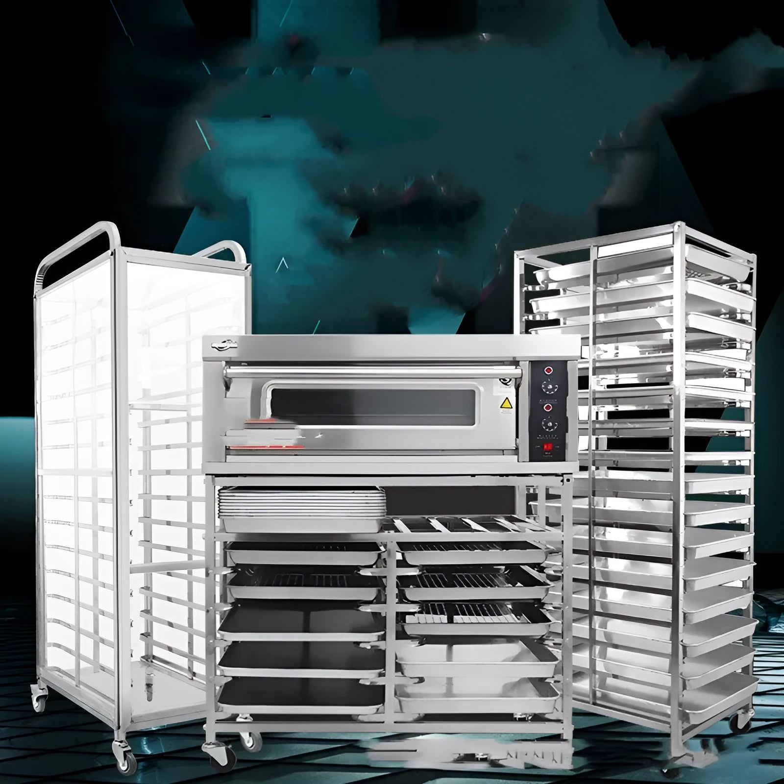 Six-tier stainless steel baking tray rack with 40x60cm trays and a locking mechanism.