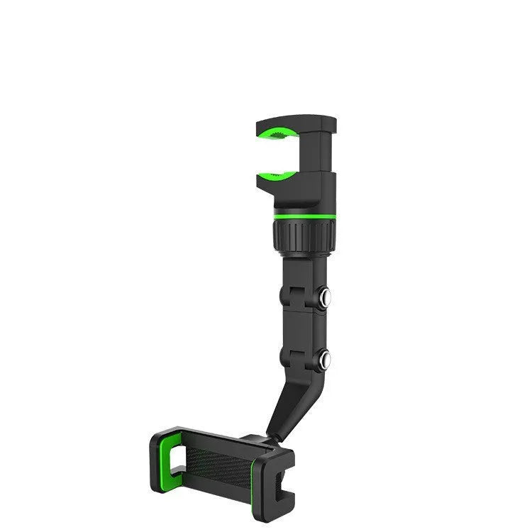 Universal car rearview mirror phone clip in black attached to a mirror, with a smartphone inserted for hands-free use