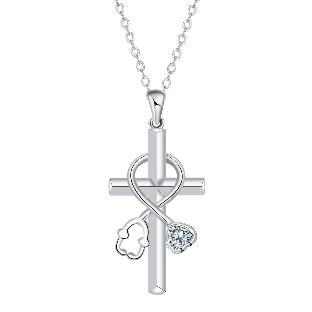 Women's necklace with copper stethoscope pendant on cross chain, electroplated finish