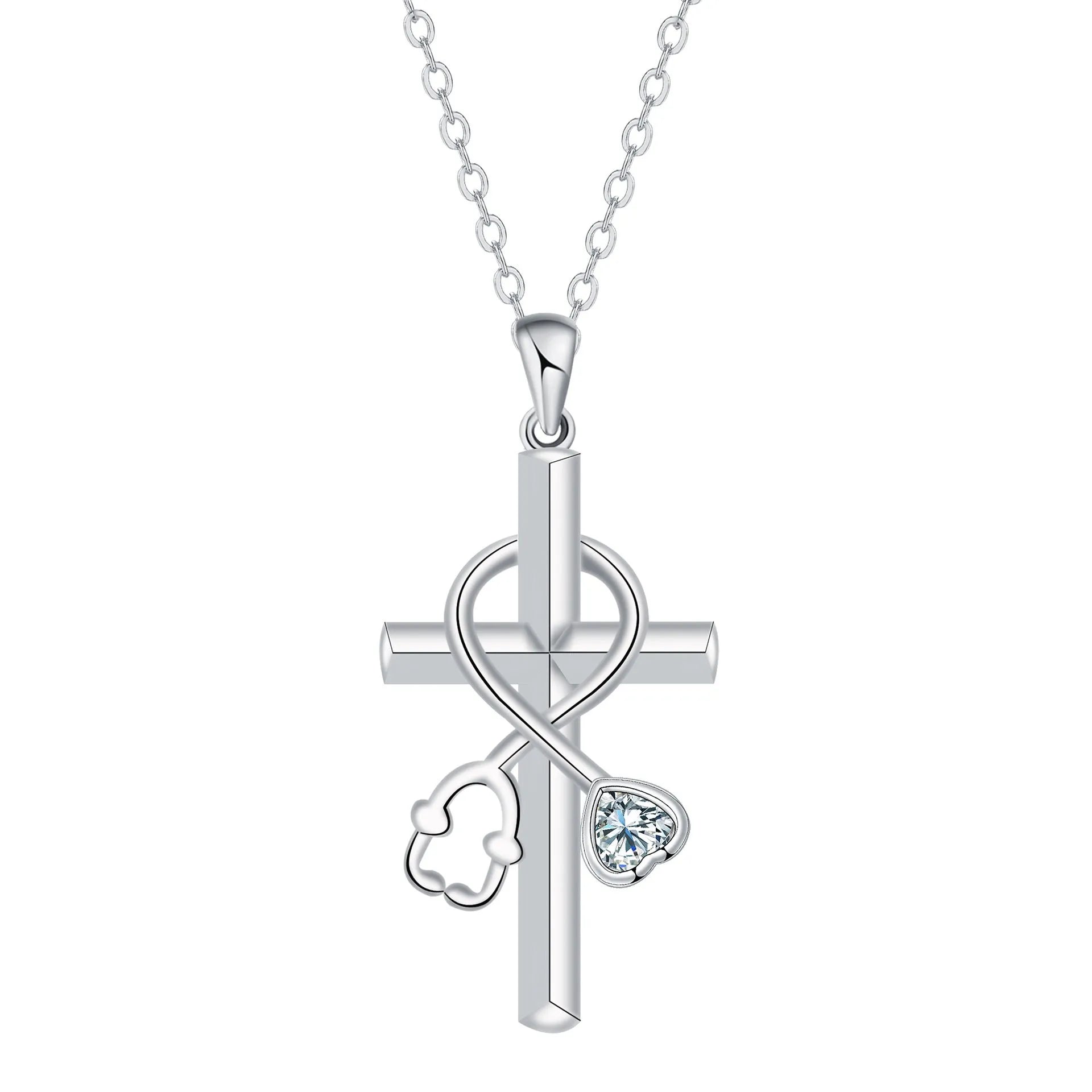 Women's necklace with copper stethoscope pendant on cross chain, electroplated finish