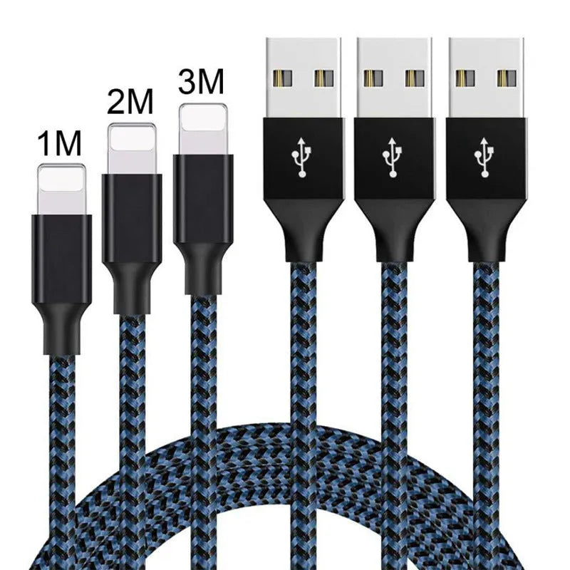 Braided Micro USB fast charging cable for Android phones in black and blue, showing length.