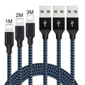 Braided Micro USB fast charging cable for Android phones in black and blue, showing length.