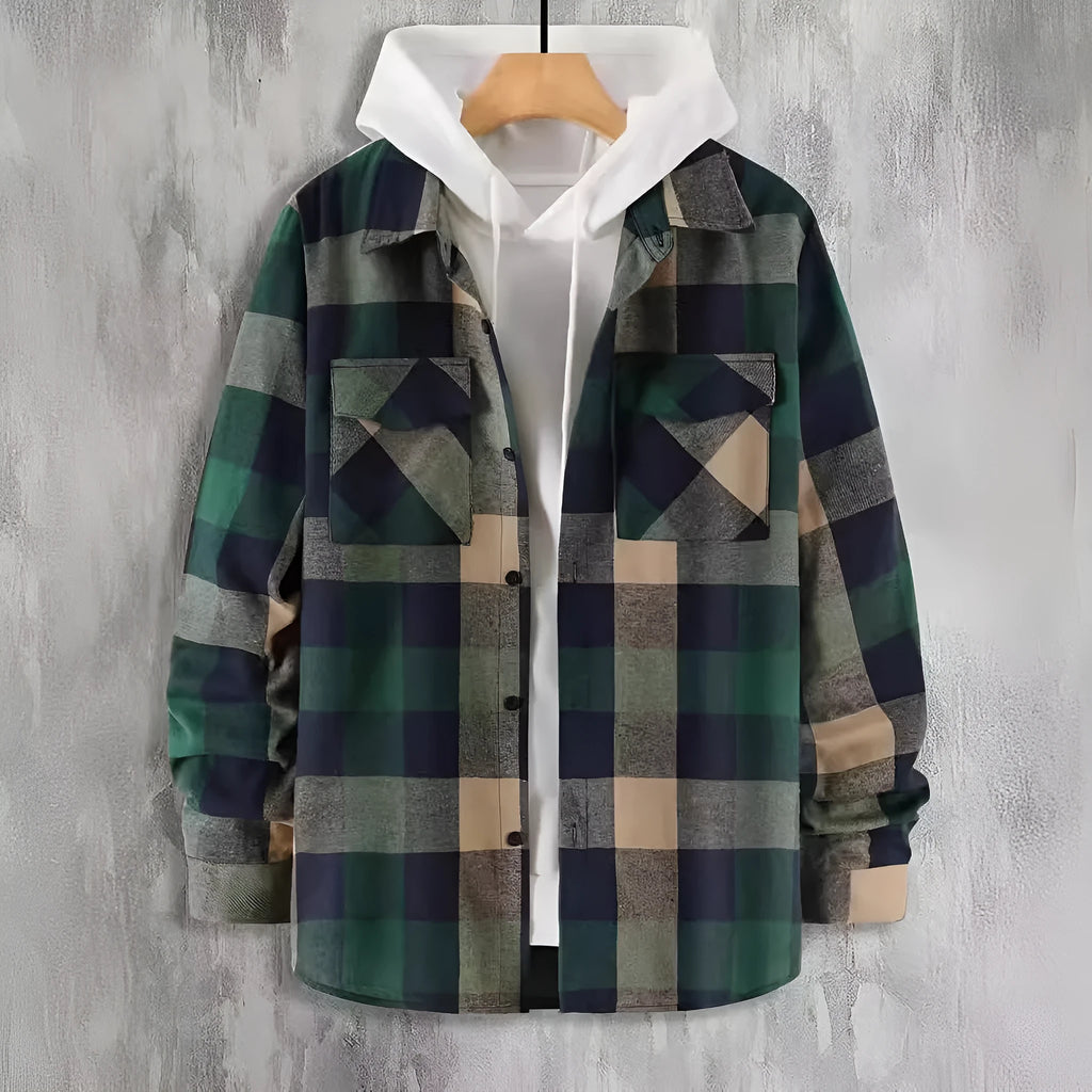 Dark green cotton plaid cardigan shirt for men, front view, commuting style