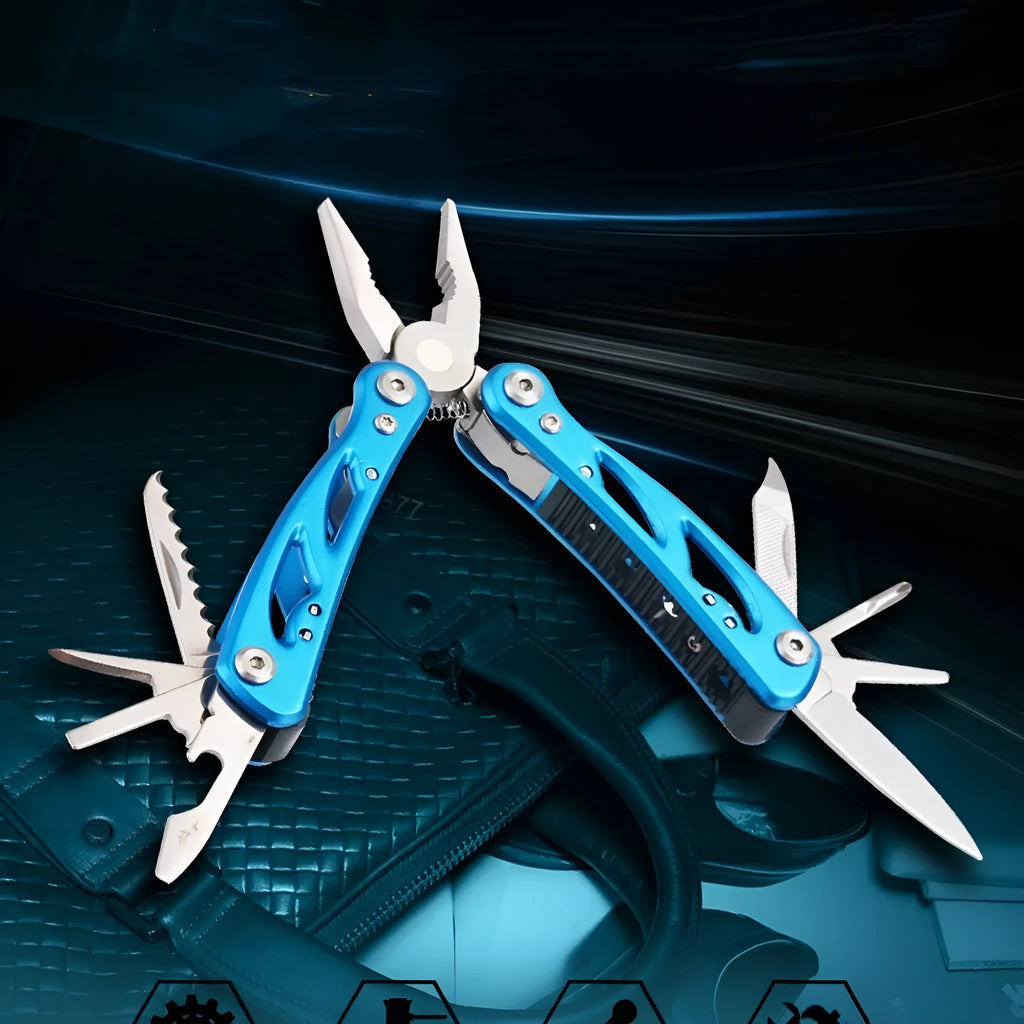 Blue multi-function folding pliers tool with a knife blade, shown folded and open next to its Oxford storage bag