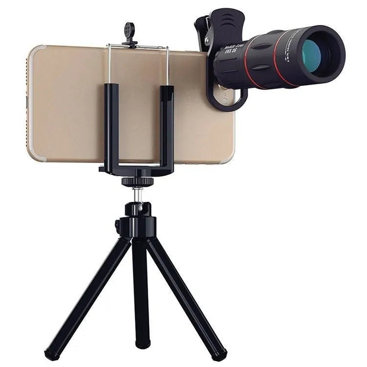 Mobile phone telephoto lens bracket set with monocular telescope and 18x magnification on standard configuration