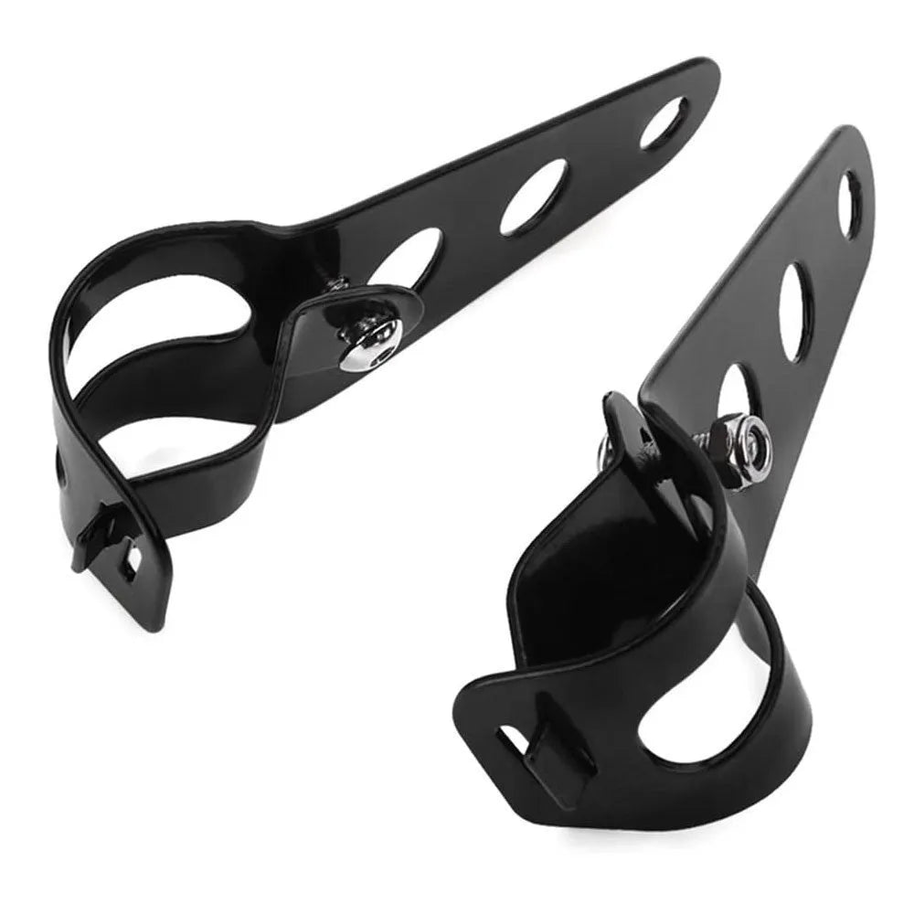 Black iron motorcycle headlamp bracket pair for retro bike modifications