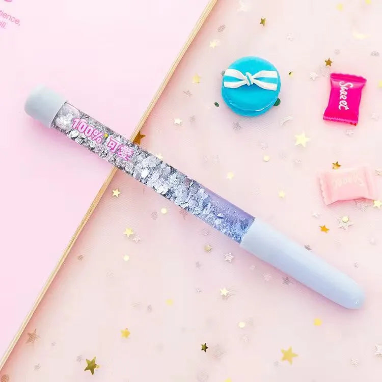 Luminous glitter quicksand pen with 0.5mm tip and black ink, 16cm plastic barrel, blue colour