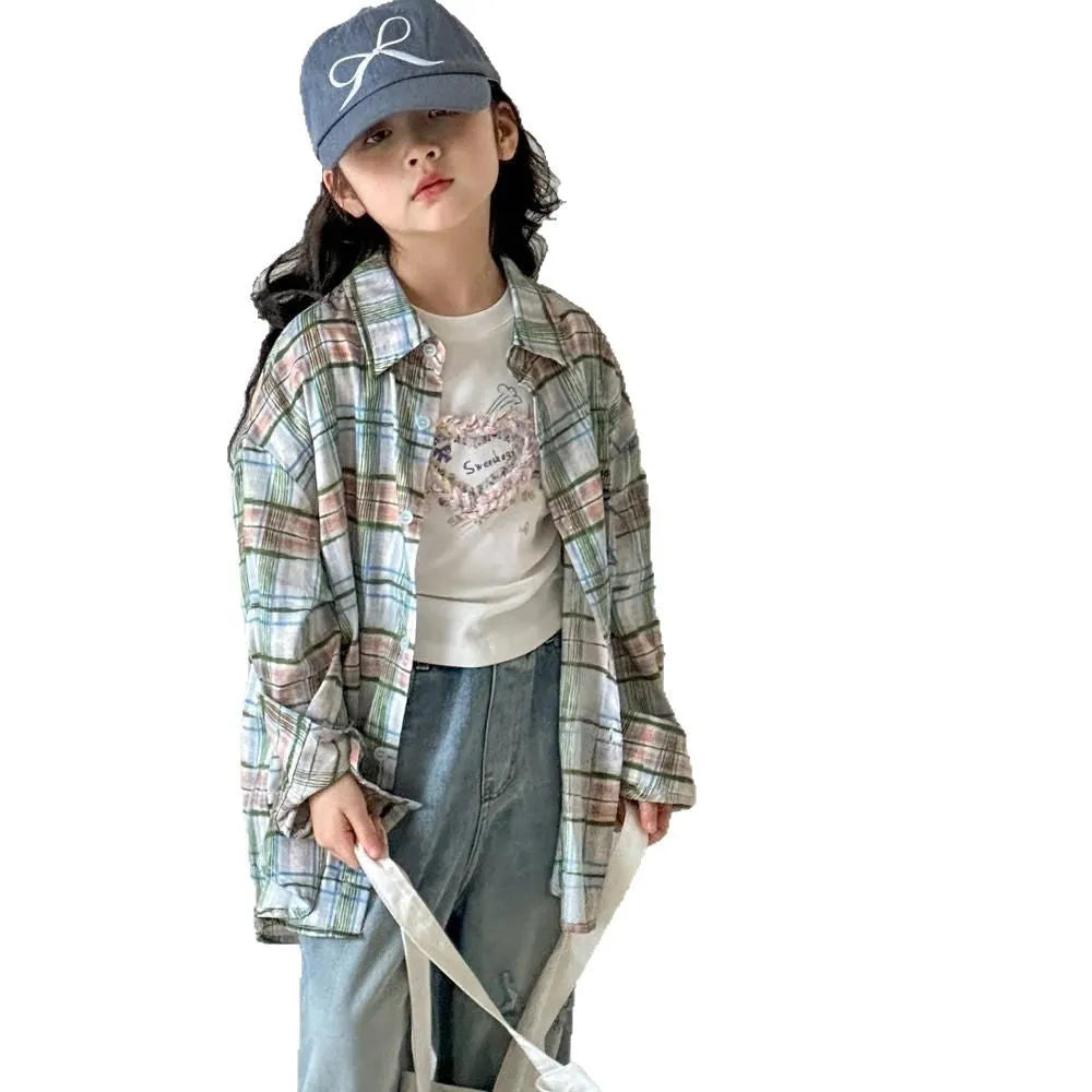 Girls' blue plaid cotton long sleeve shirt for spring and autumn, available in 110cm to 160cm heights
