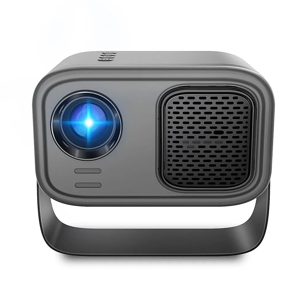 Black portable HD projector with Android system, remote control, and universal power cables