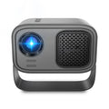 Black portable HD projector with Android system, remote control, and universal power cables