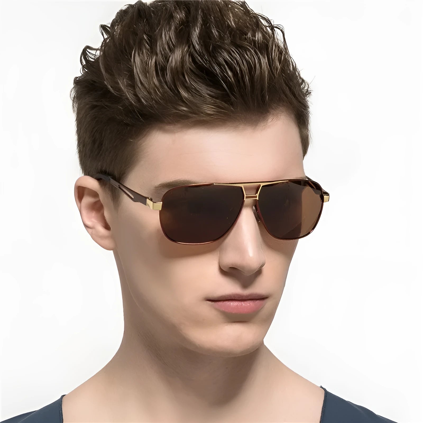 Men's aviator-style sunglasses with orange red polarised lenses and a metal frame on a grey background.