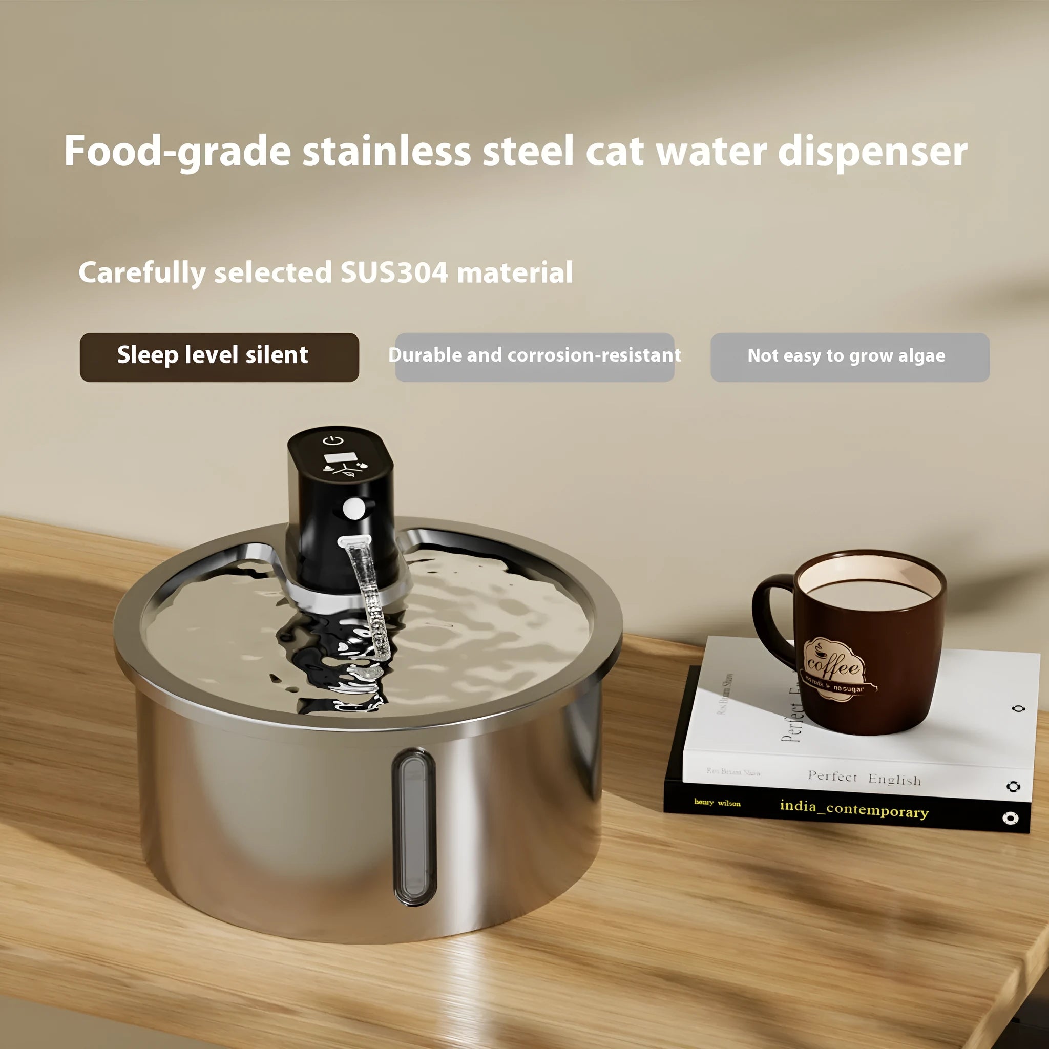 White stainless steel pet water fountain with digital thermostat base on a wooden table.