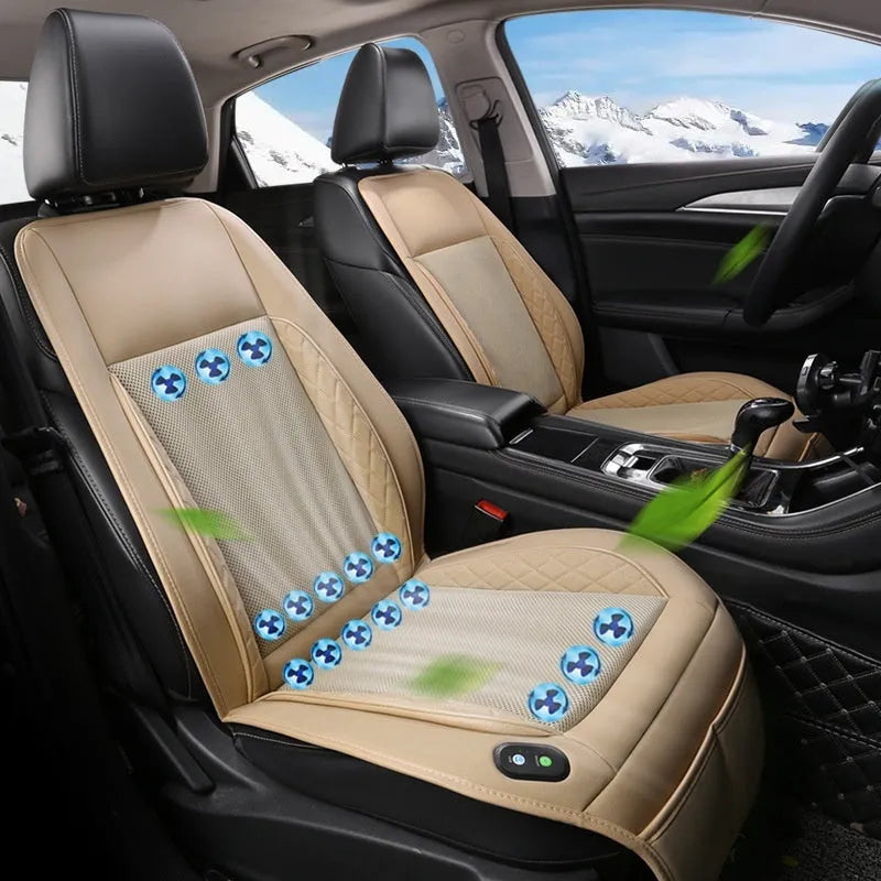 Ventilation car seat cushion in black with 24 fan units, on a car seat with power cord visible