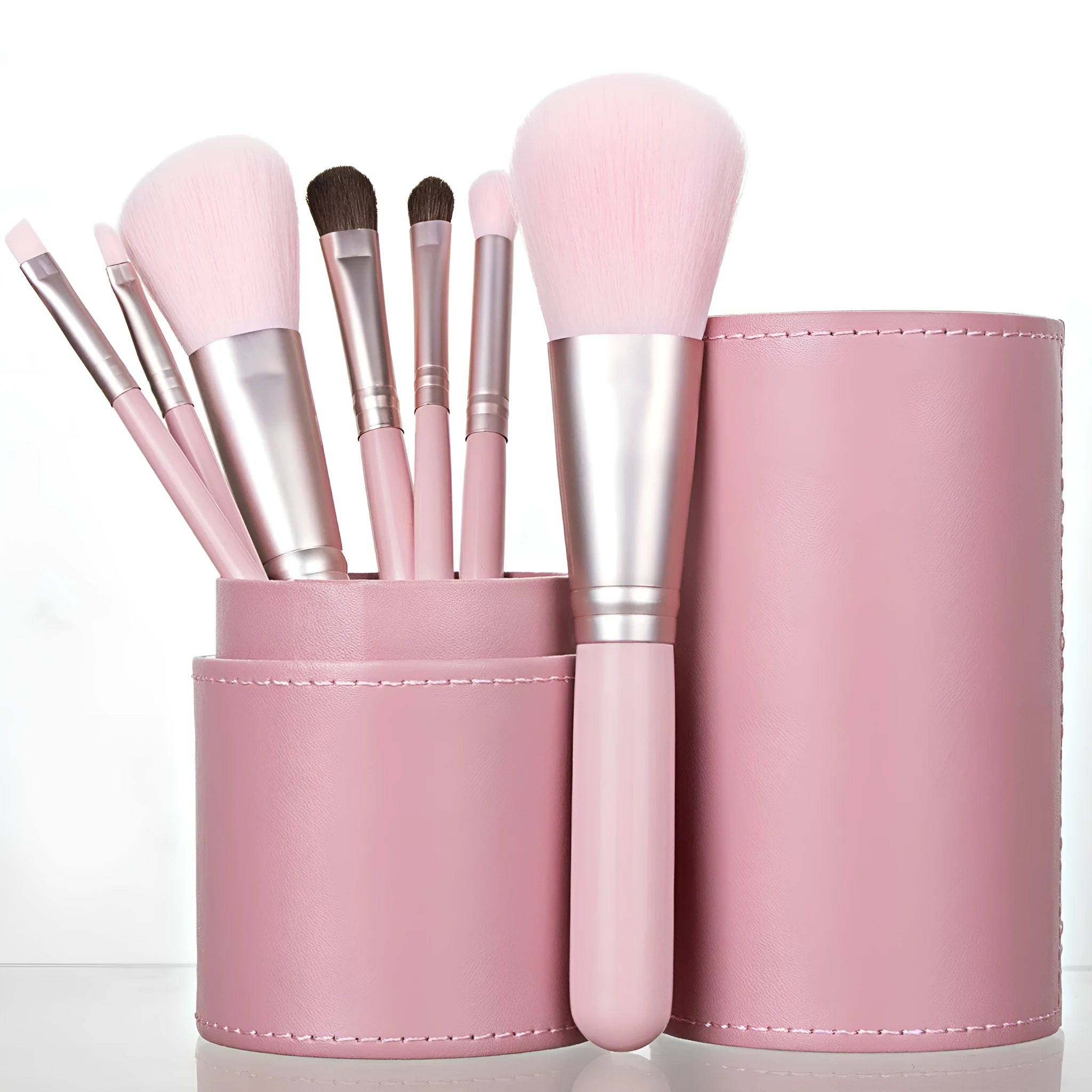 7 piece portable mini makeup brush set with purple bucket and plastic handles