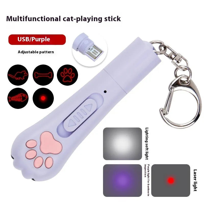 Rechargeable cat teasing stick with multiple light patterns in pink colour option