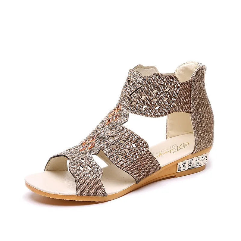 Women's flat open toe sandals with rhinestone detail and back zipper in beige colour