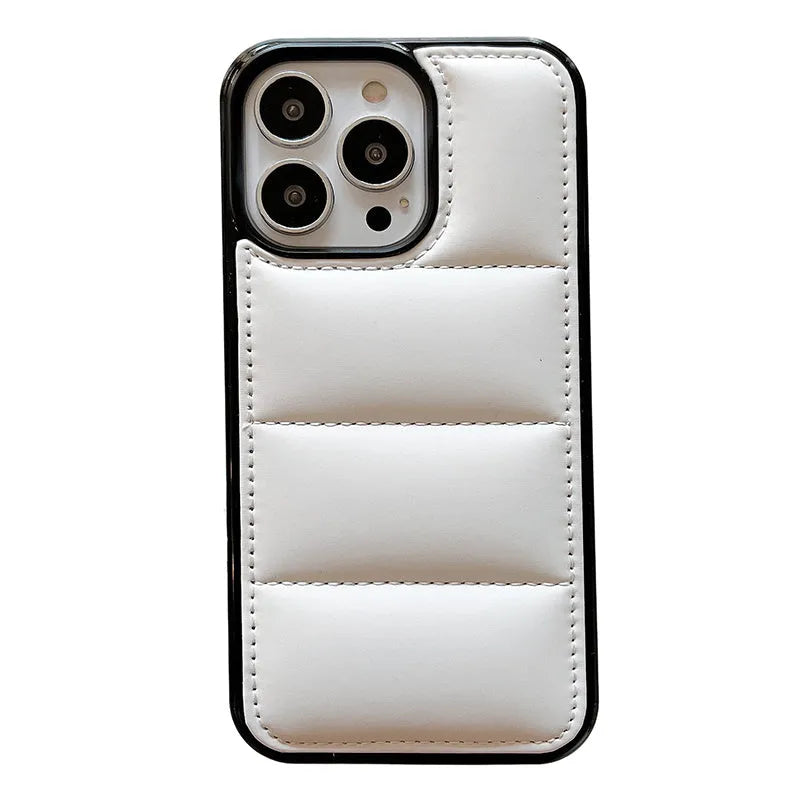 Candy Down Jacket shape phone case for iPhone in black, white, rose red, or green solid colours.