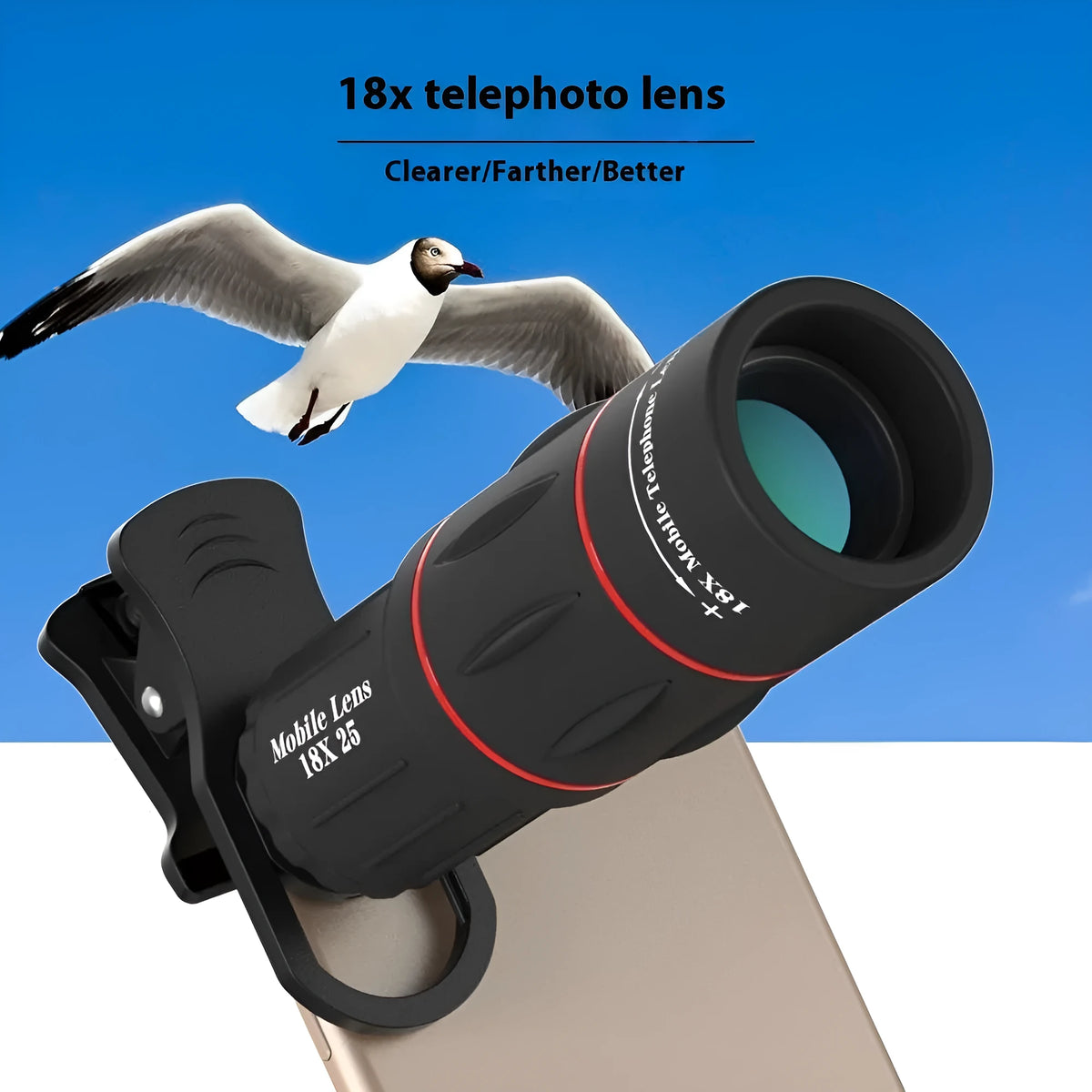 Mobile phone telephoto lens bracket set with monocular telescope and 18x magnification on standard configuration
