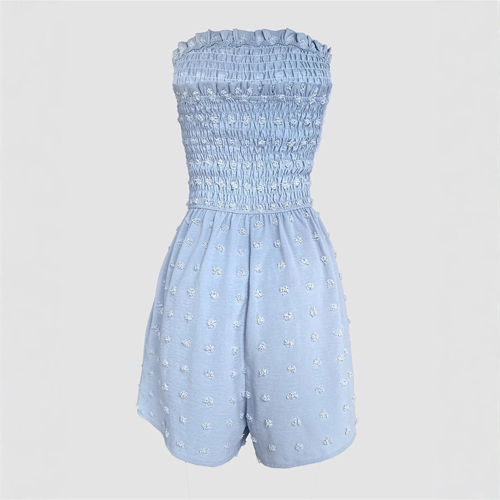 Women's off-shoulder sleeveless jumpsuit in blue polyester with button detail and mid-waist ankle-length design