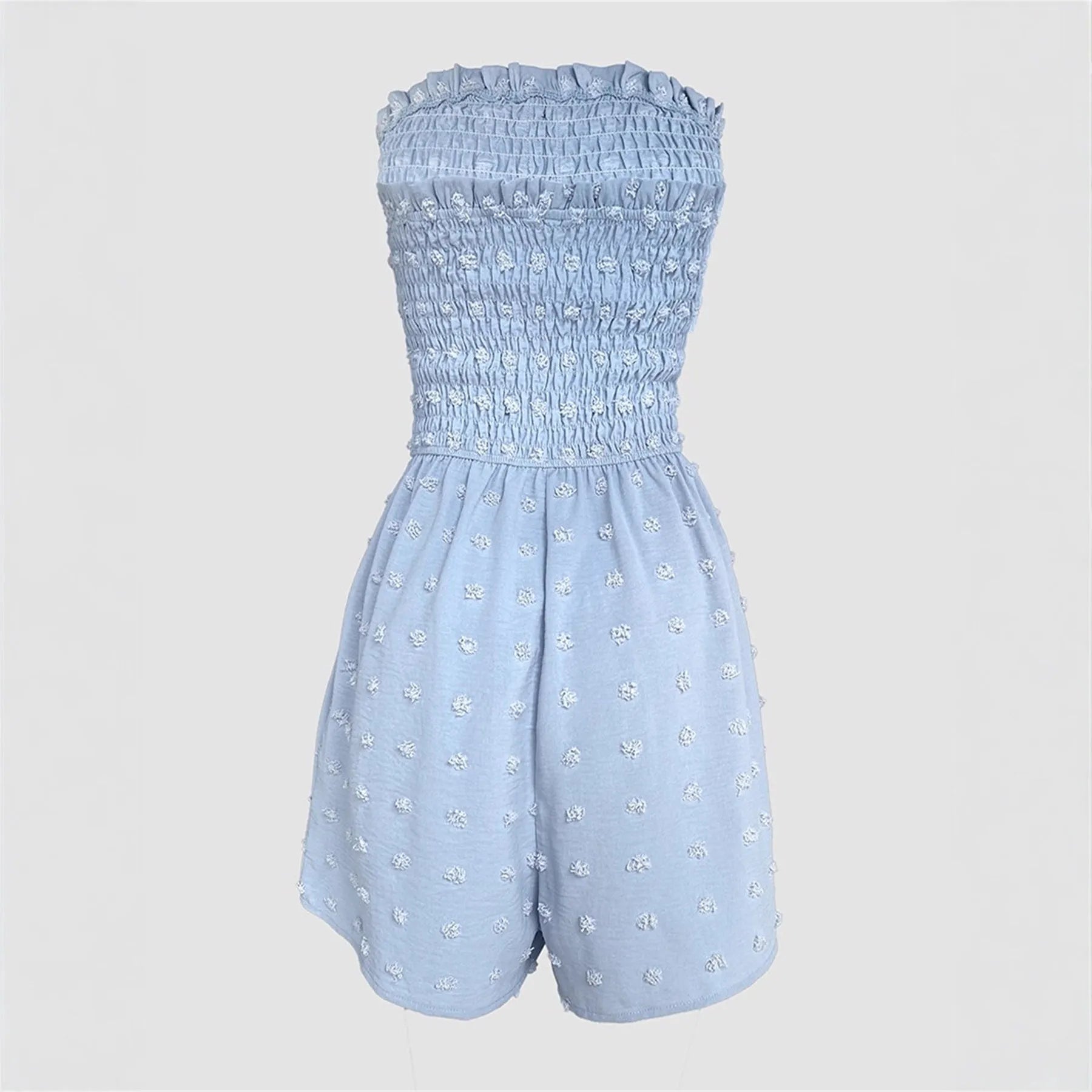 Women's off-shoulder sleeveless jumpsuit in blue polyester with button detail and mid-waist ankle-length design