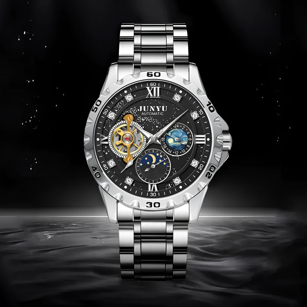 Automatic mechanical men's watch with rose gold case, black starry sky dial, luminous hands, and waterproof construction