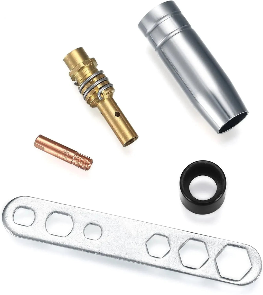 Copper welding nozzle set with 15 conductive nozzles, 5 nozzles, connecting rods, black caps, and board, 19mm length, 230g.