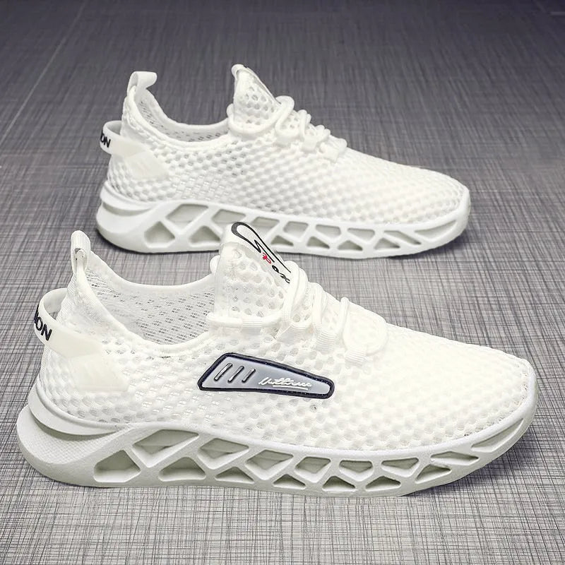 Summer mesh breathable hollow casual sports shoes for men, low-top lace-up design in black, with PVC sole