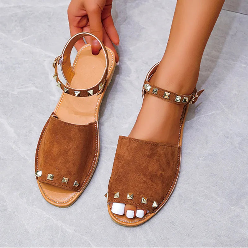 Women's Roman sandals with buckle fastening, fish-mouth toe, and frosted PU upper in beige